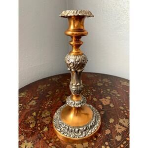 Vintage Copper Candlestick Silver Tone Overlay Ornate Baroque Style